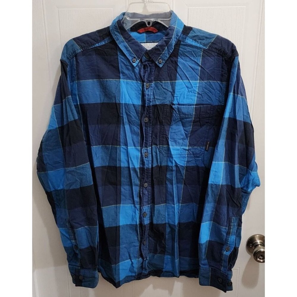 Columbia Sportswear Blue Long Sleeve Button Down Big Plaid Size M 100% Cotton